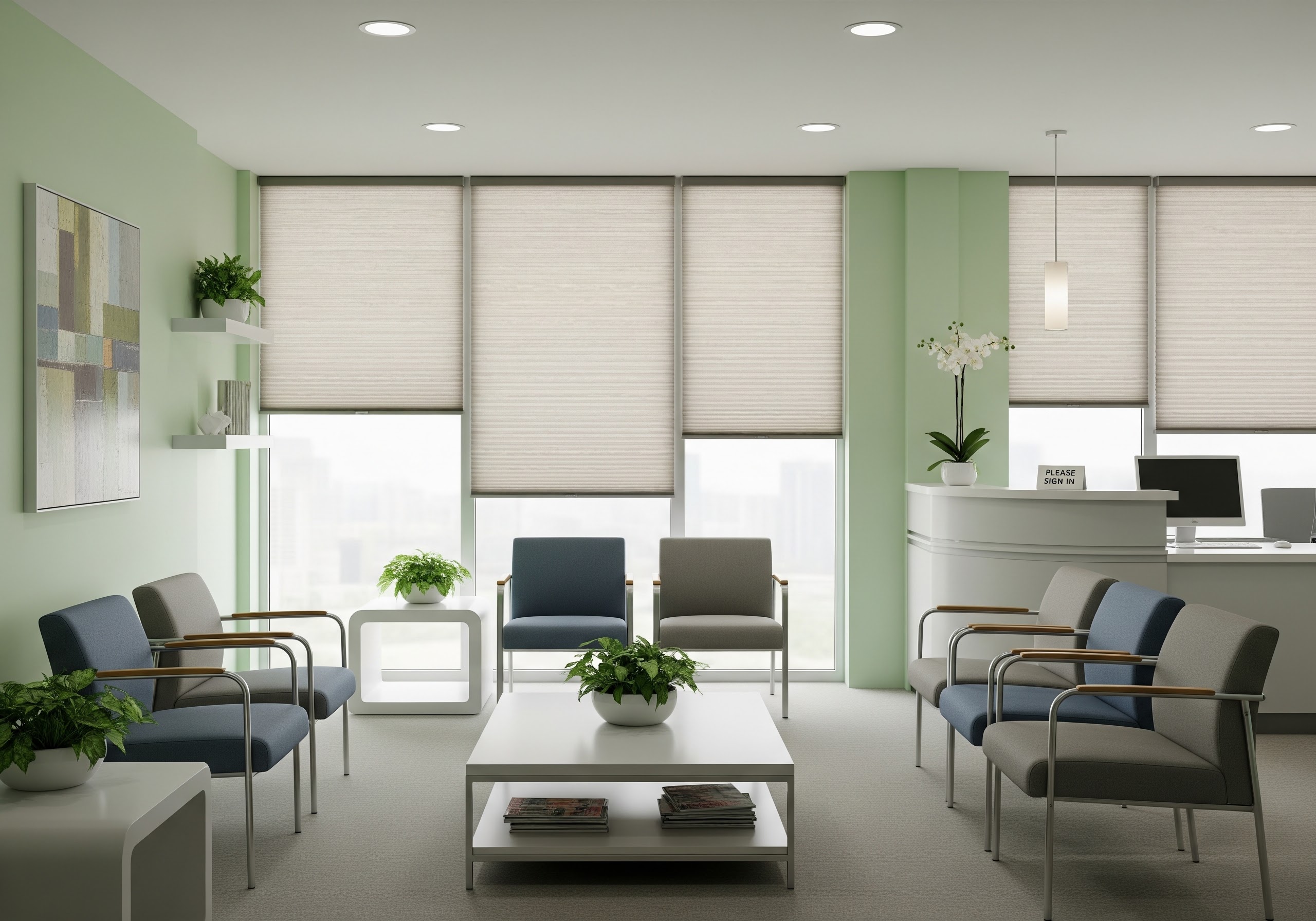 Cellular Shades in an Waiting Room Setting