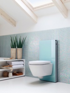 Open shelving works well for bathroom storage.